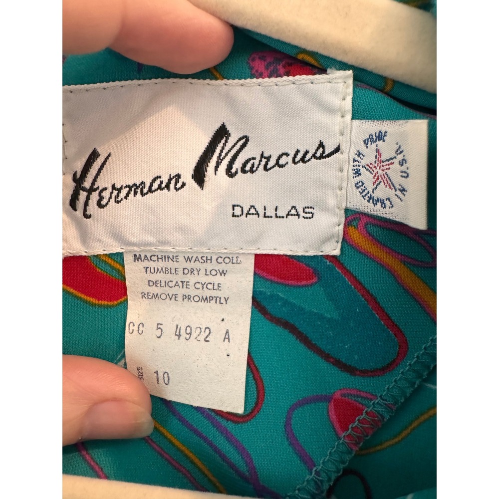 Vintage 80s Herman Marcus Dallas Teal Abstract Cowl Neck Belted Midi Dress 10 - Picture 4 of 10